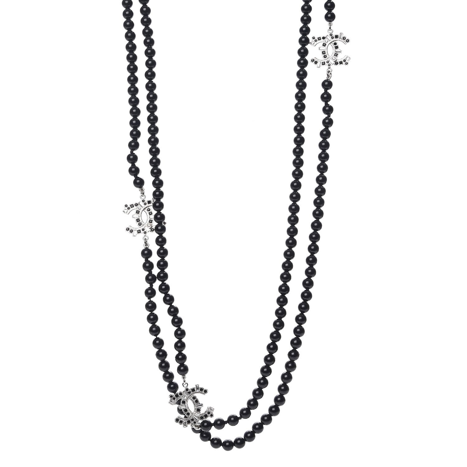 Chanel Baguette Crystal Beaded CC Long Necklace Black Silver 1 of 10