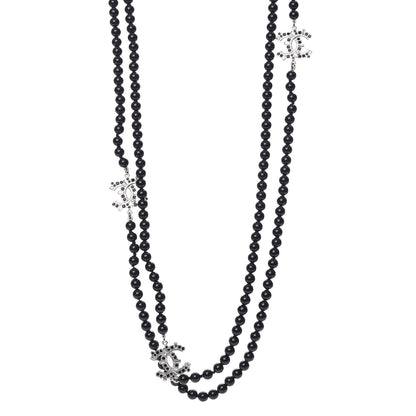 Chanel Baguette Crystal Beaded CC Long Necklace Black Silver 1 of 10