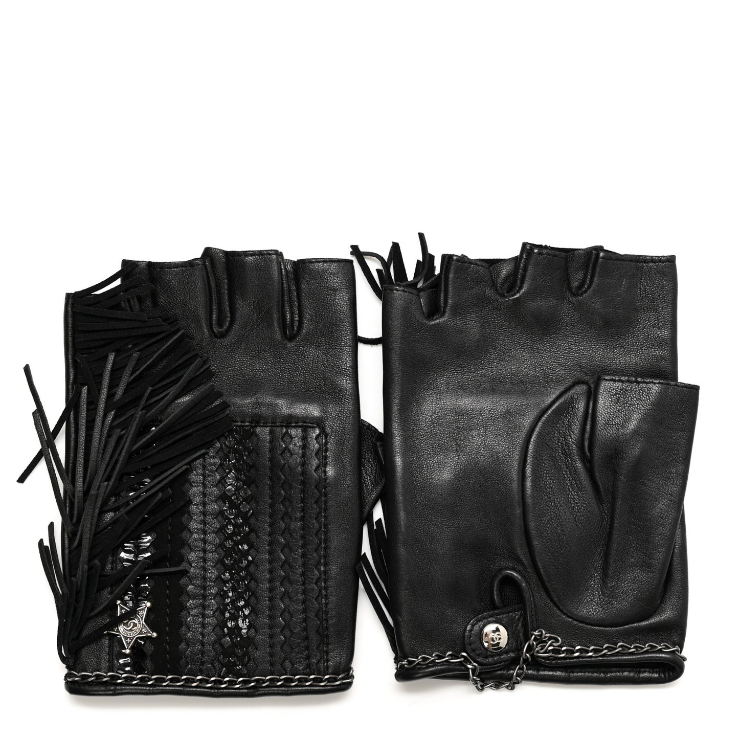 Lambskin Fringe Fingerless Gloves 7.5 Black