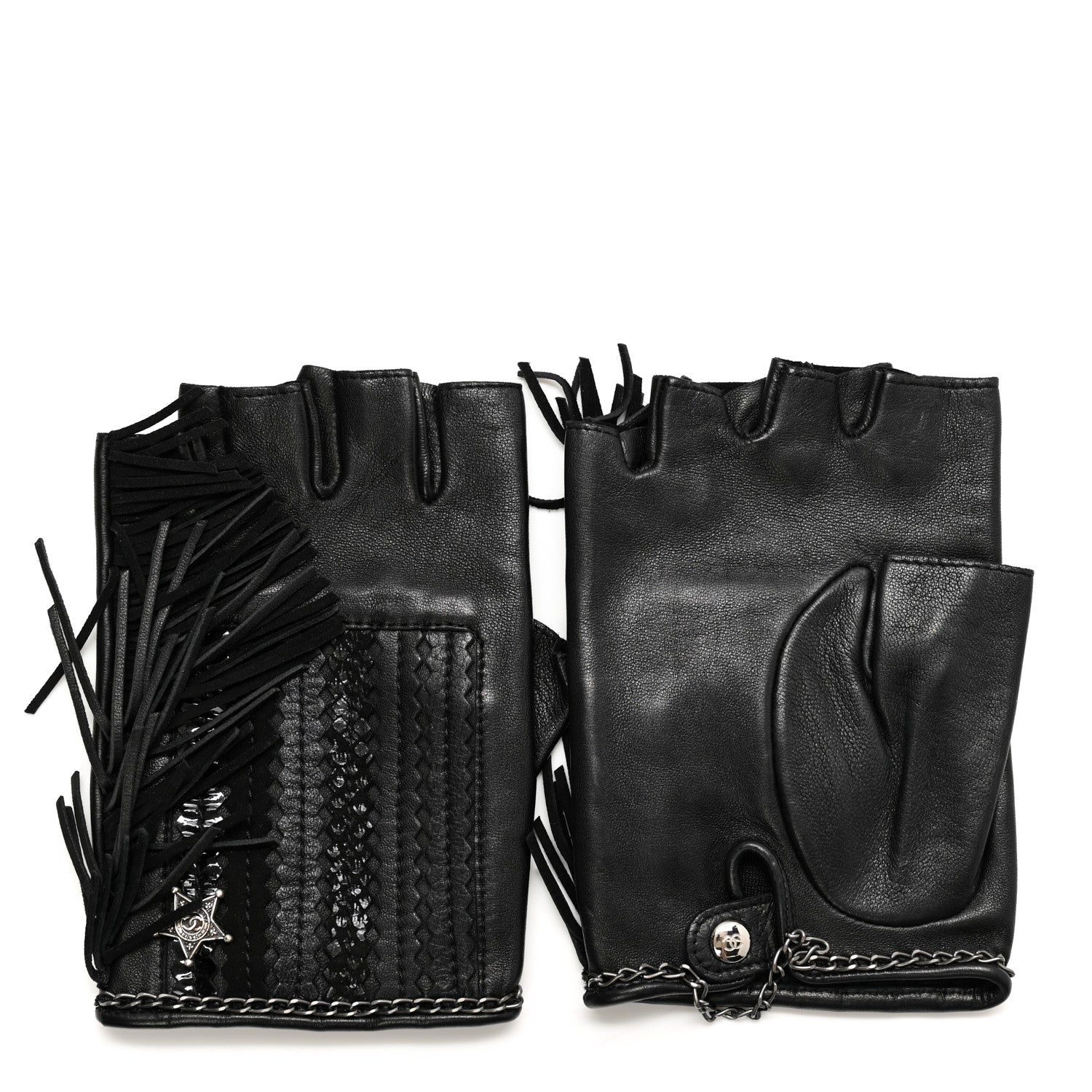 Chanel Lambskin Fringe Fingerless Gloves 7.5 Black 1 of 7