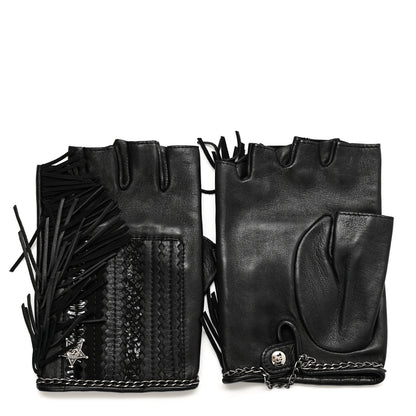 Chanel Lambskin Fringe Fingerless Gloves 7.5 Black 1 of 7