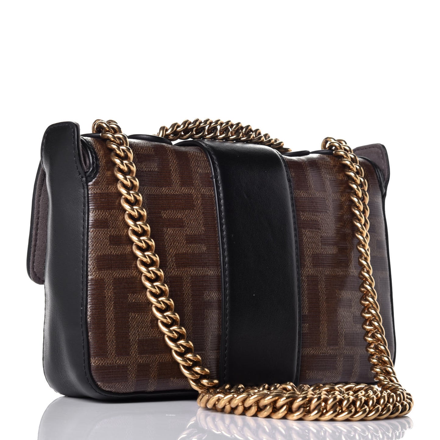 Glazed Fabric Vitello Century FF 1974 Stamp Patch Mini Double F Crossbody Bag Mogano Panna Black