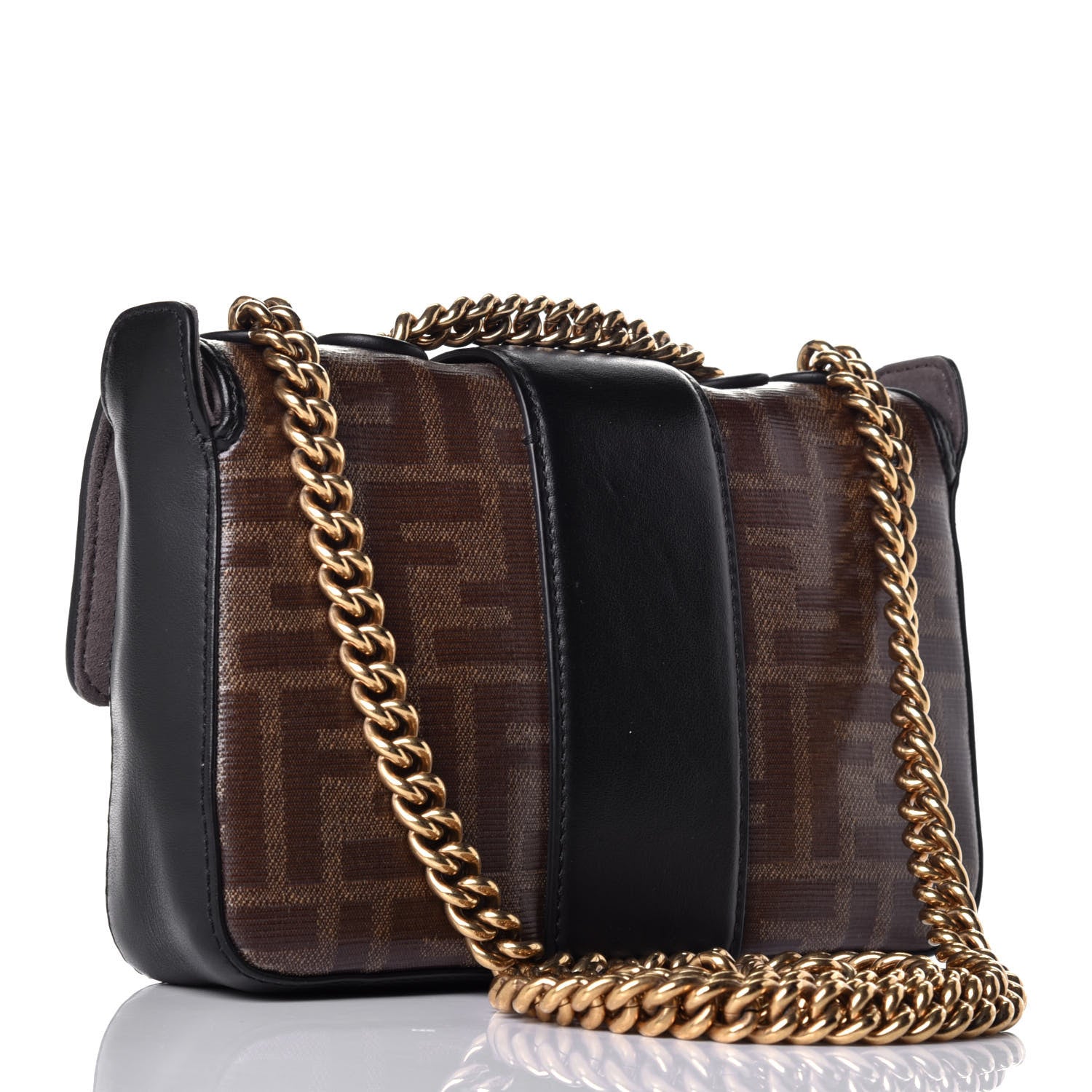 Fendi Glazed Fabric Vitello Century FF 1974 Stamp Patch Mini Double F Crossbody Bag Mogano Panna Black 3 of 9