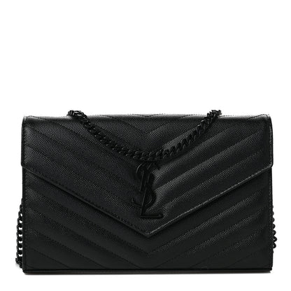 Saint Laurent Grain De Poudre Matelasse Chevron Monogram Chain Wallet Black 1 of 6