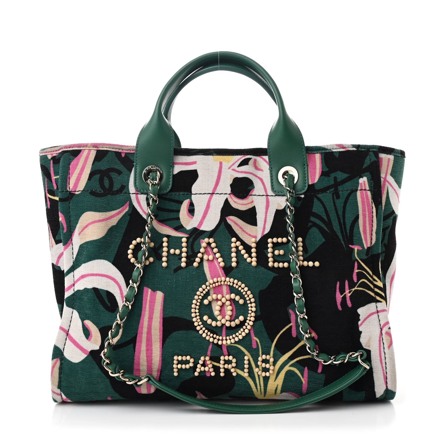 Chanel Velvet Calfskin Beaded Small Deauville Tote Pink Green Black 1 of 12