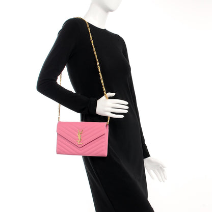 Saint Laurent Grain De Poudre Matelasse Chevron Monogram Chain Wallet Indian Pink 2 of 7