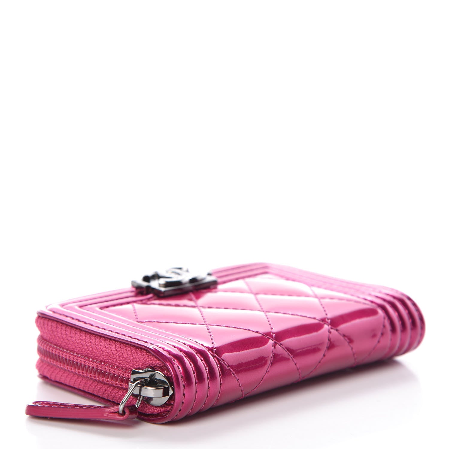 Chanel Metallic Patent Quilted Zip Around Boy Coin Purse Wallet Fuchsia 4 of 8