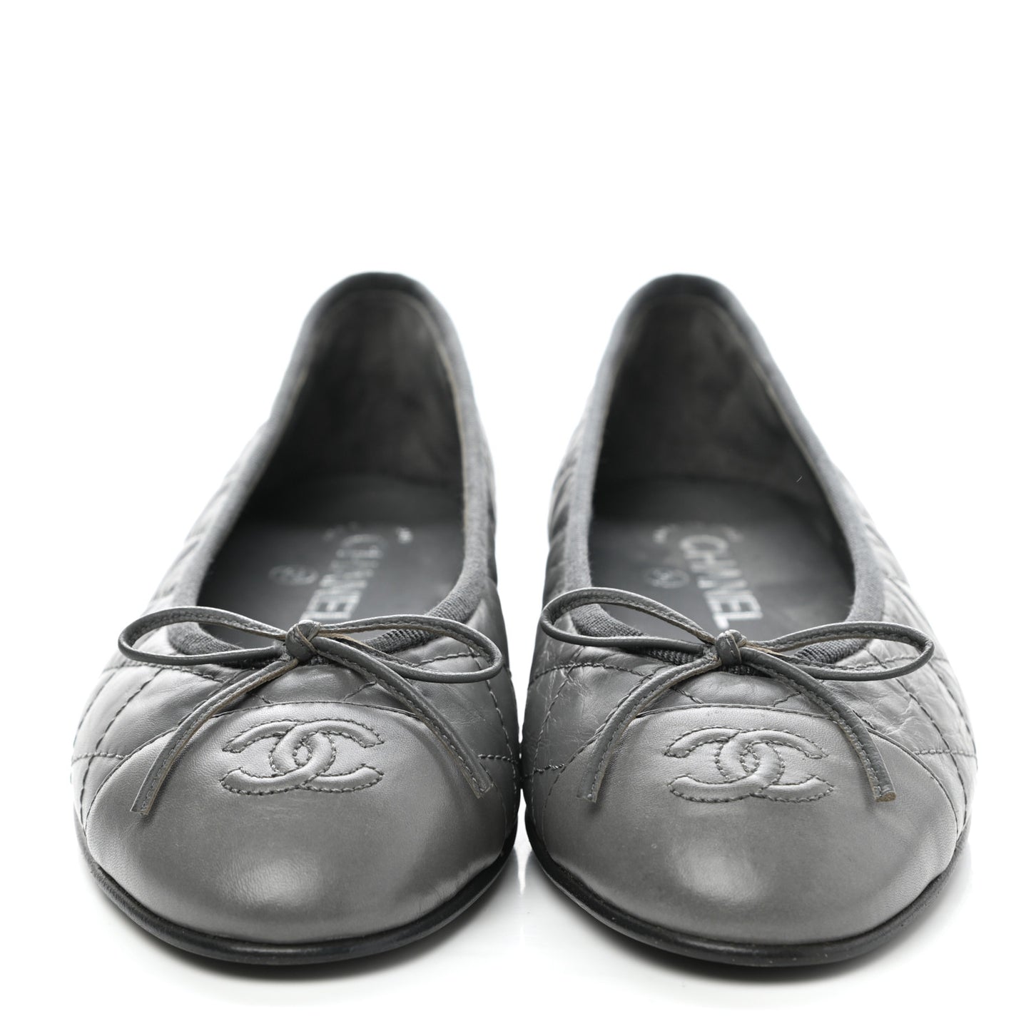 Aged Calfskin Quilted CC Cap Toe Ballerina Flats 37 Grey