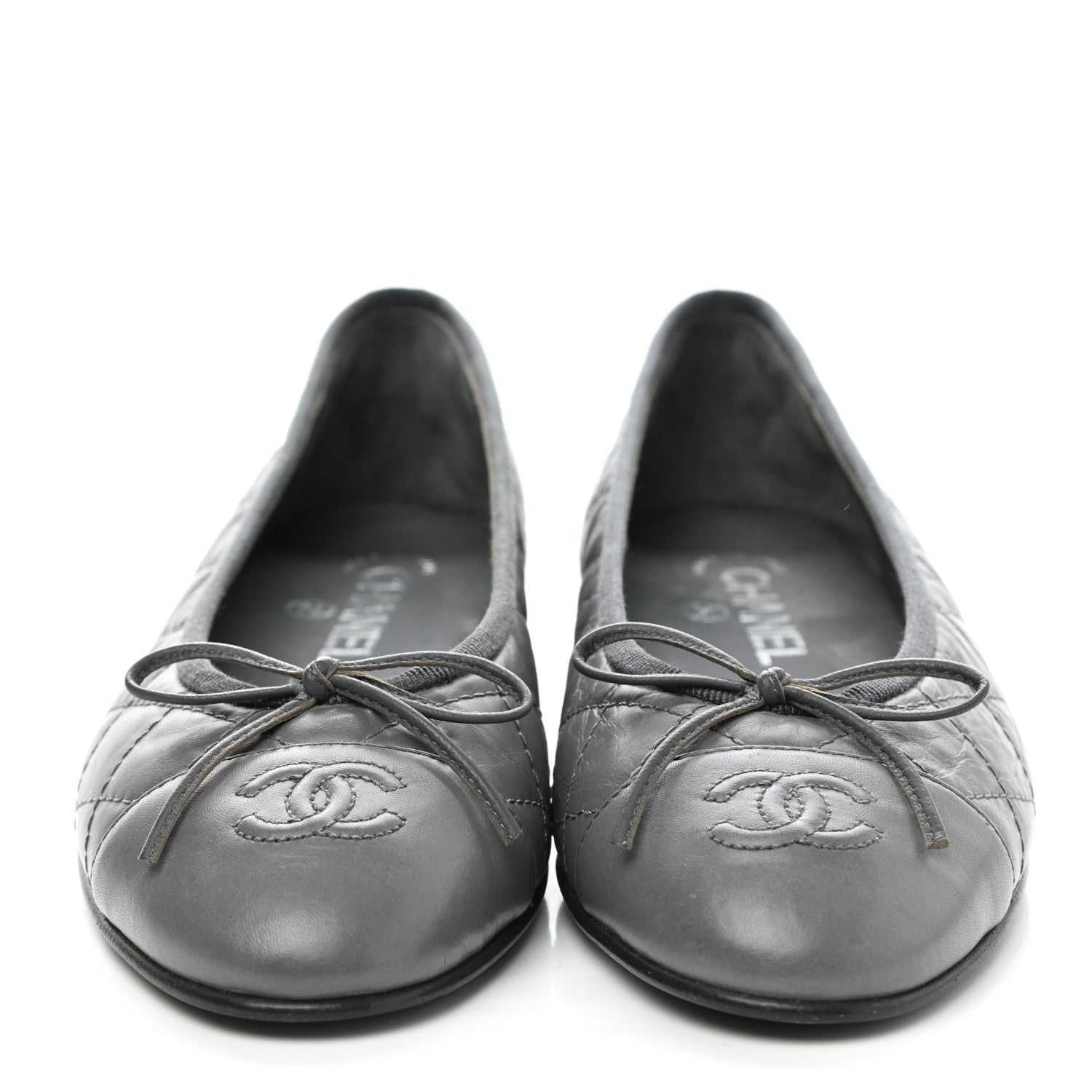 Chanel Aged Calfskin Quilted CC Cap Toe Ballerina Flats 37 Grey 2 of 8