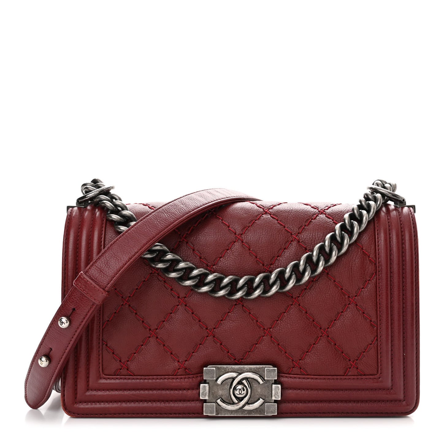 Calfskin Double Stitch Medium Boy Flap Burgundy