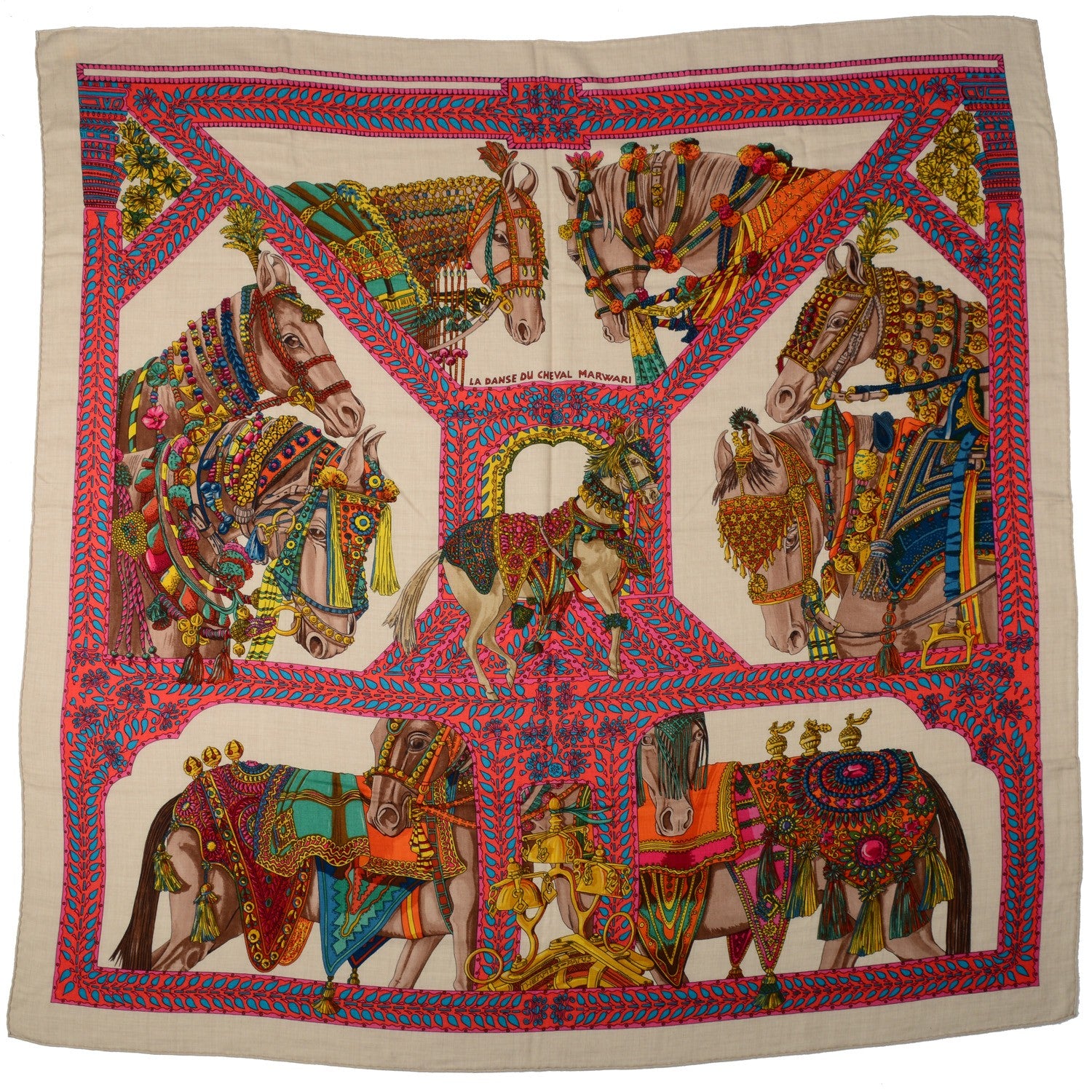 Hermes Cashmere Silk La Danse Du Cheval Shawl 140 Naturel Rose Vert 2 of 6
