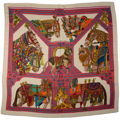 Hermes Cashmere Silk La Danse Du Cheval Shawl 140 Naturel Rose Vert 2 of 6