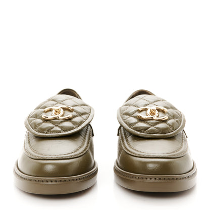 Chanel Lambskin Quilted CC Turnlock Loafers 40 Khaki 4 of 10