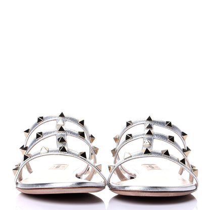 Valentino Garavani Metallic Pebbled Calfskin Rockstud Caged Flat Slide Sandals 38 Silver 2 of 5