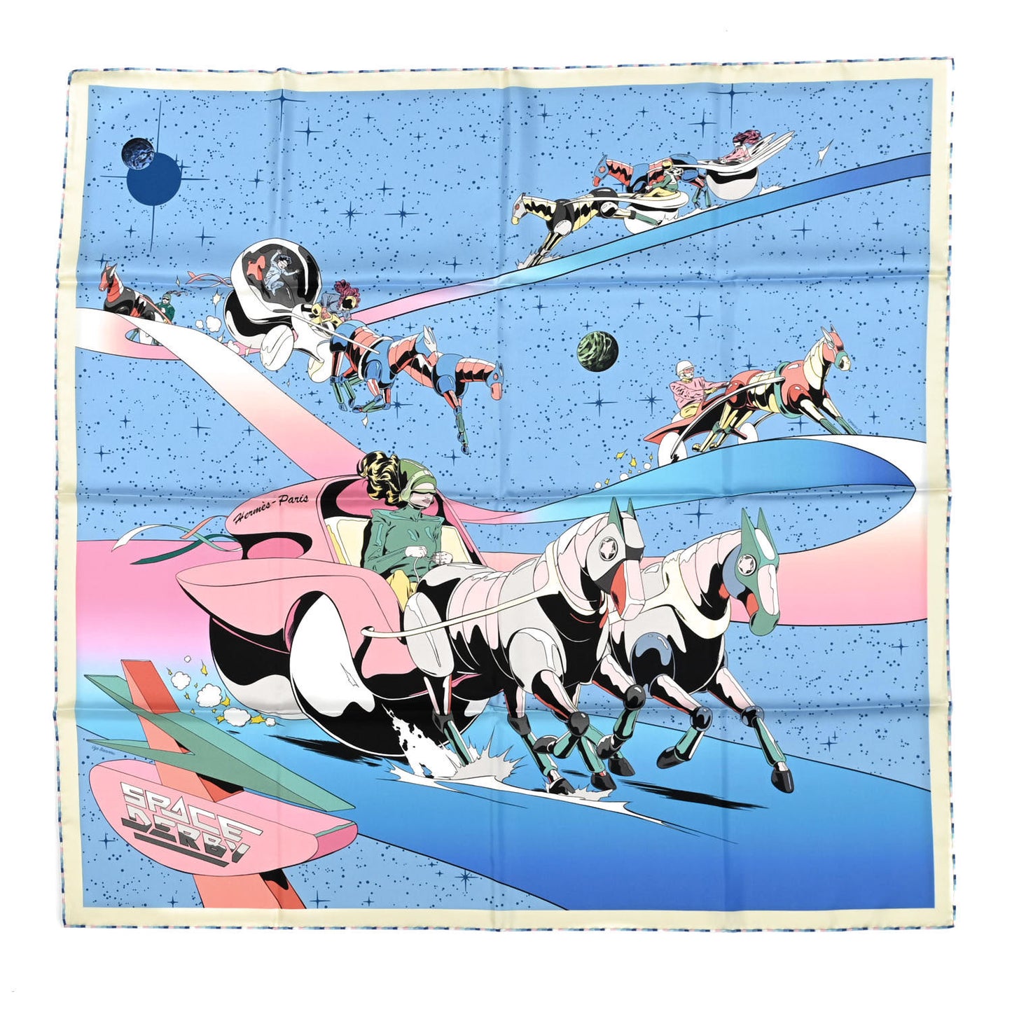 Silk Space Derby Scarf 90 Bleu Ciel Rose Vert Amande