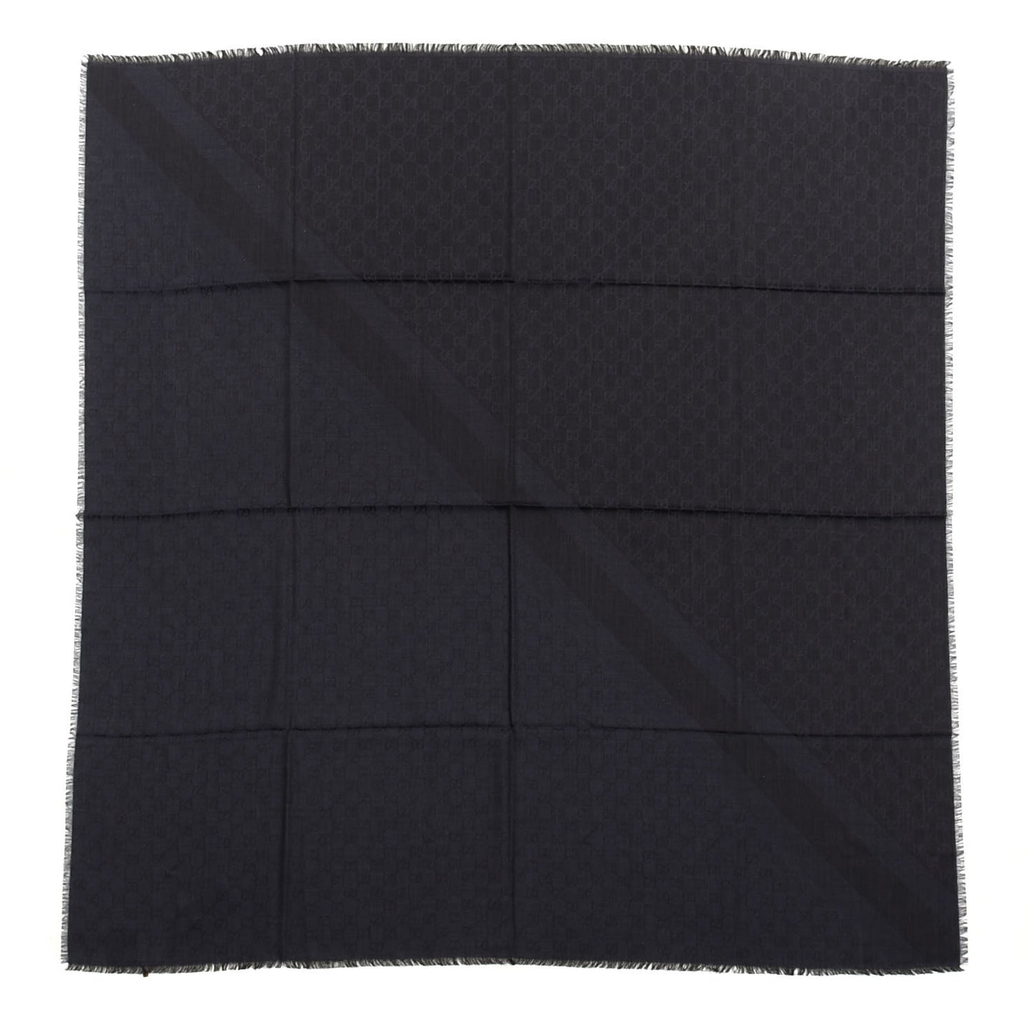 Wool Silk Monogram GGWeb Fringe Shawl Navy Black