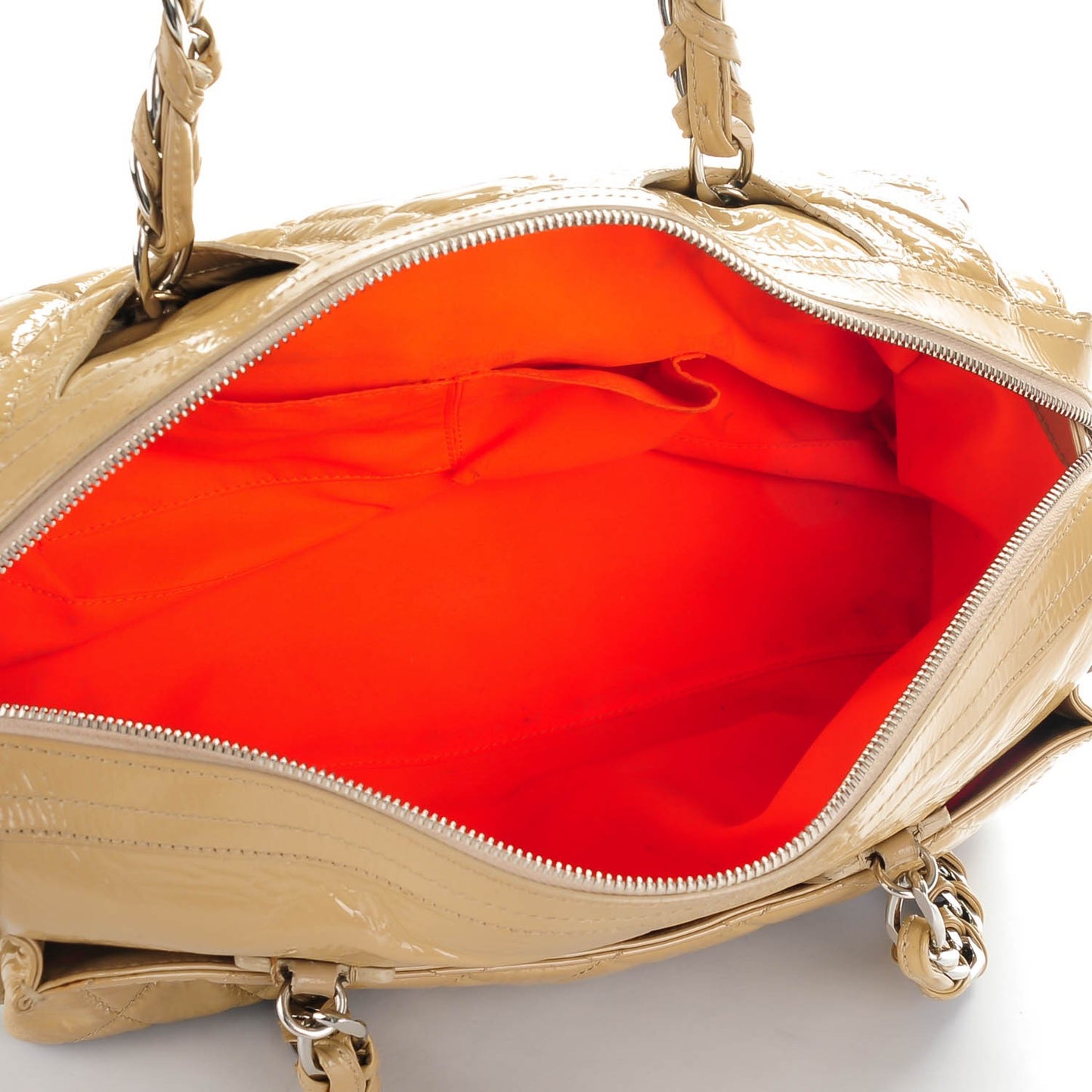 Patent Quilted Day Glo Flap Bag Beige