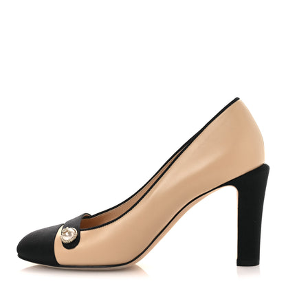 Chanel Calfskin Grosgrain Cap Toe Pearl Pumps 36.5 Beige Black 1 of 11