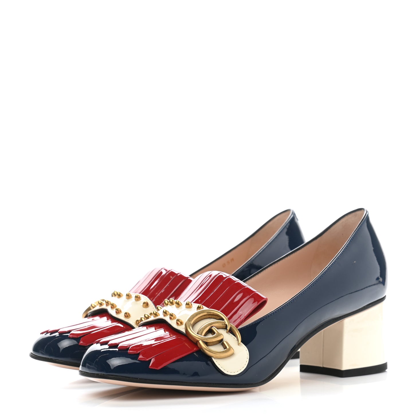 Vernice Studded GG Marmont Fringe 50mm Loafer Pumps 38 Blue Agata Hibiscus Red Mystic White