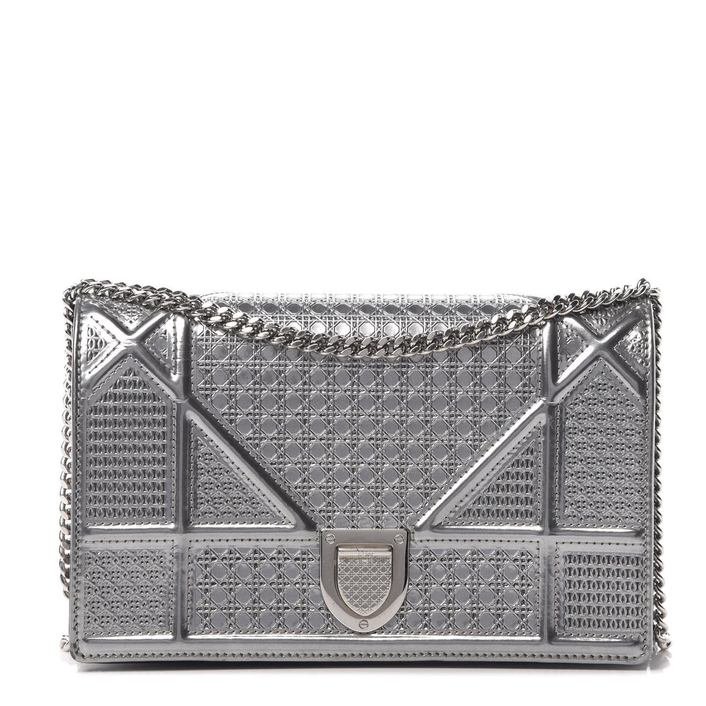 Metallic Patent Micro-Cannage Diorama Wallet on Chain Pouch Silver
