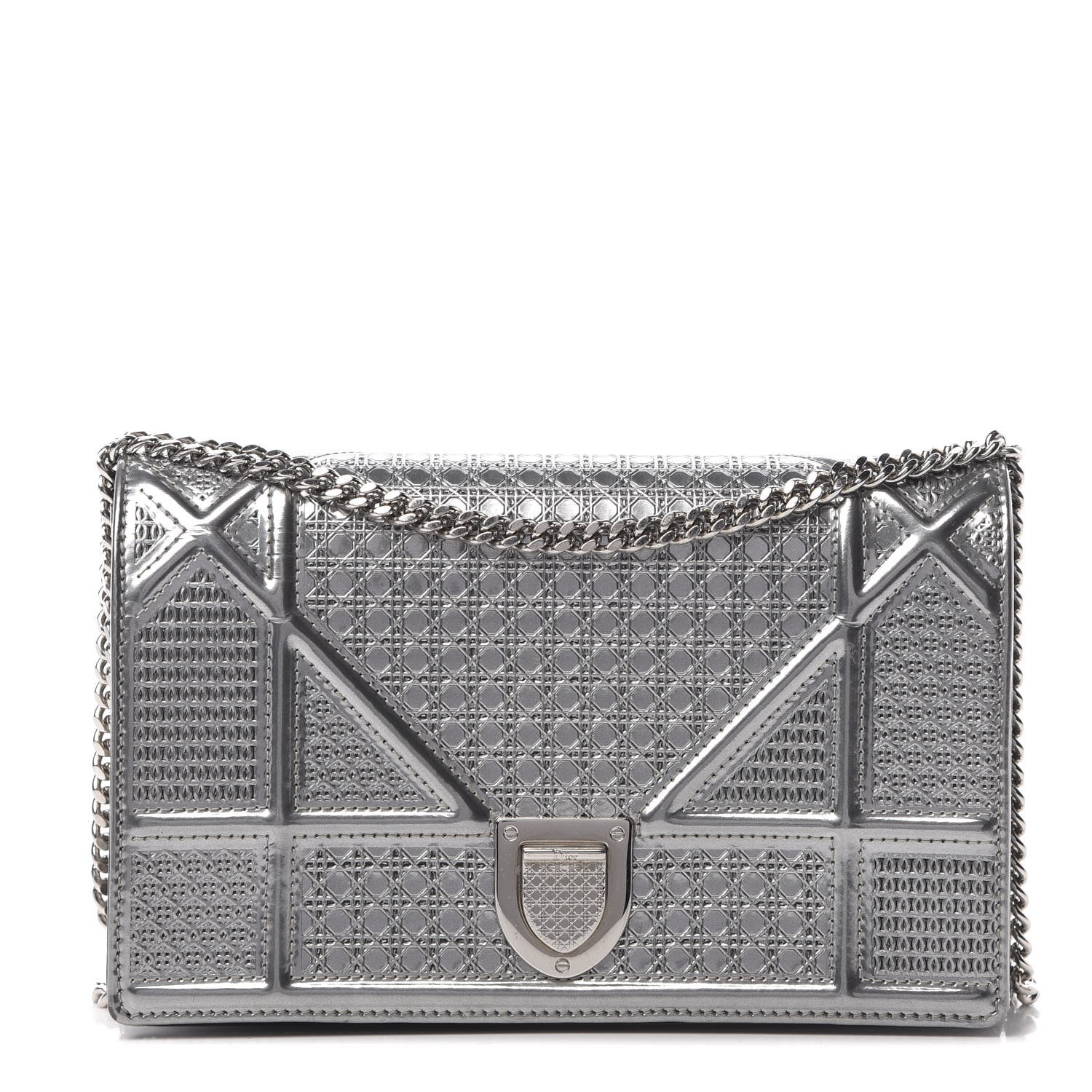 Christian Dior Metallic Patent Micro-Cannage Diorama Wallet on Chain Pouch Silver 1 of 15