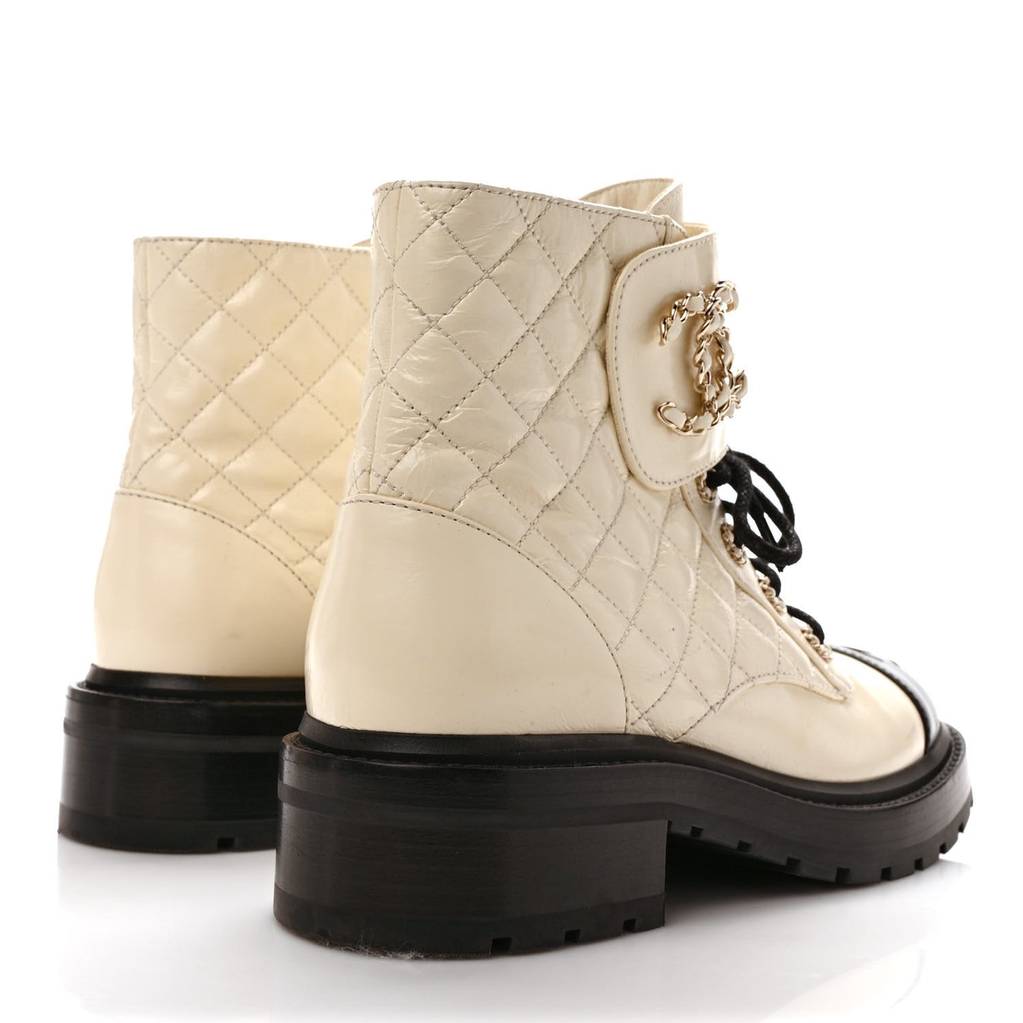 Shiny Goatskin Calfskin Quilted Lace Up Combat Boots 38 Ivory Black