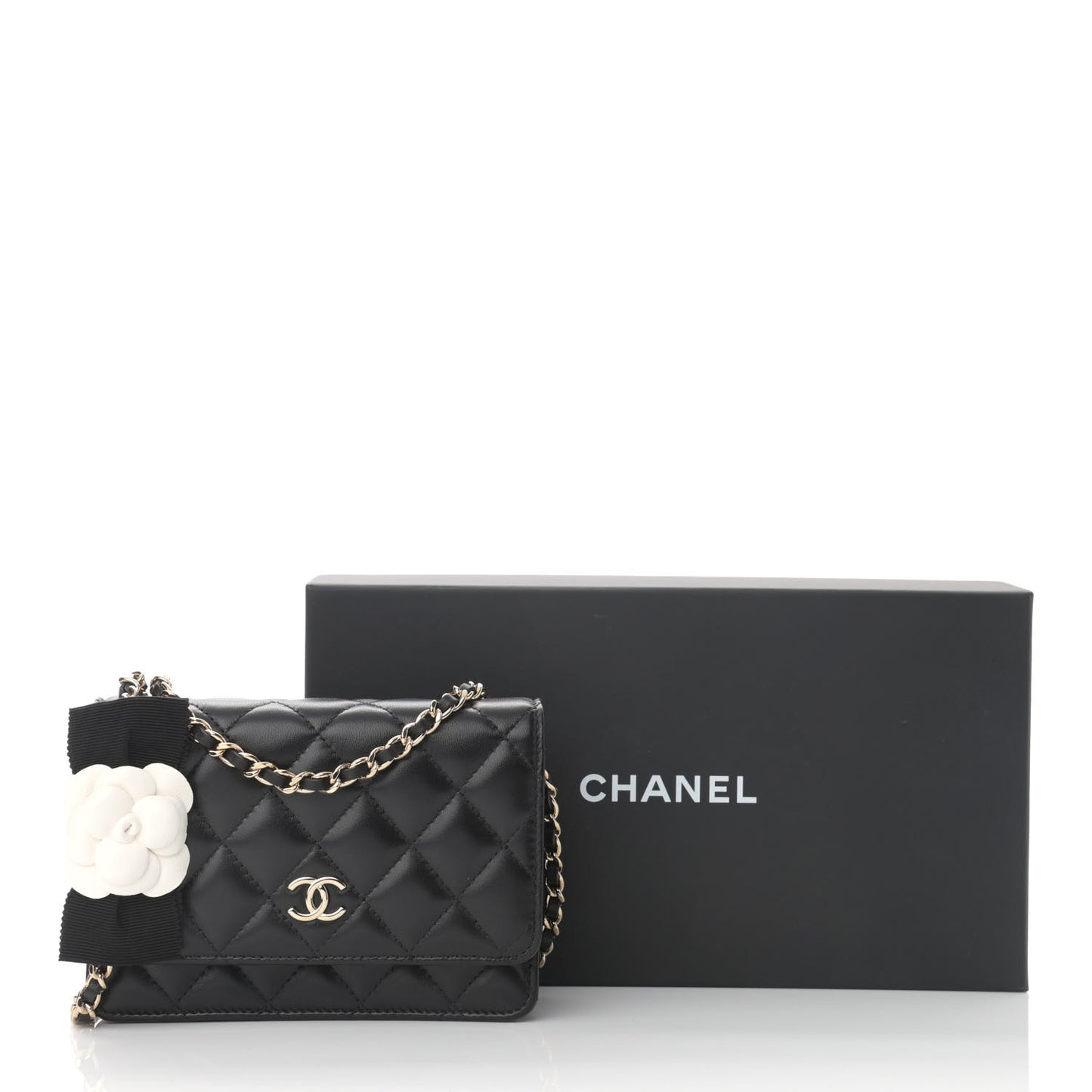 Lambskin Quilted Mini Camellia Bow Wallet On Chain WOC Black