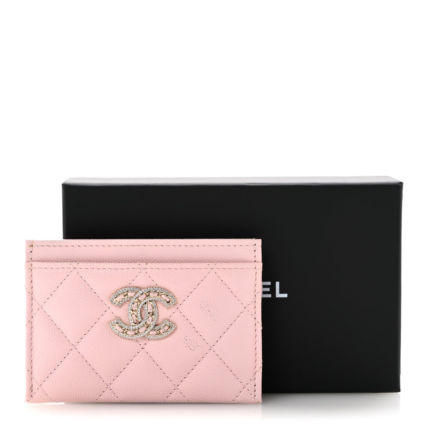 Caviar Quilted Crystal Card Holder Pink