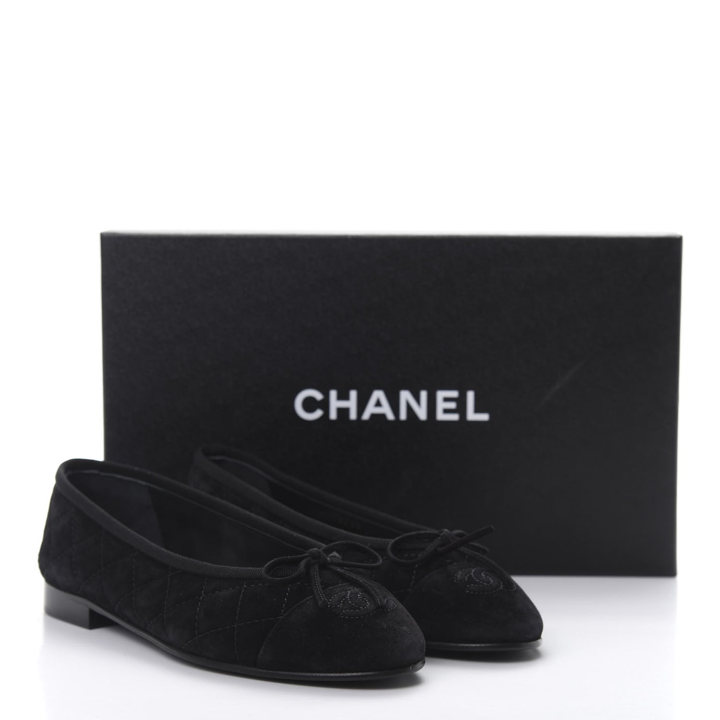 Suede Calfskin Quilted Cap Toe CC Ballerina Flats 36 Black