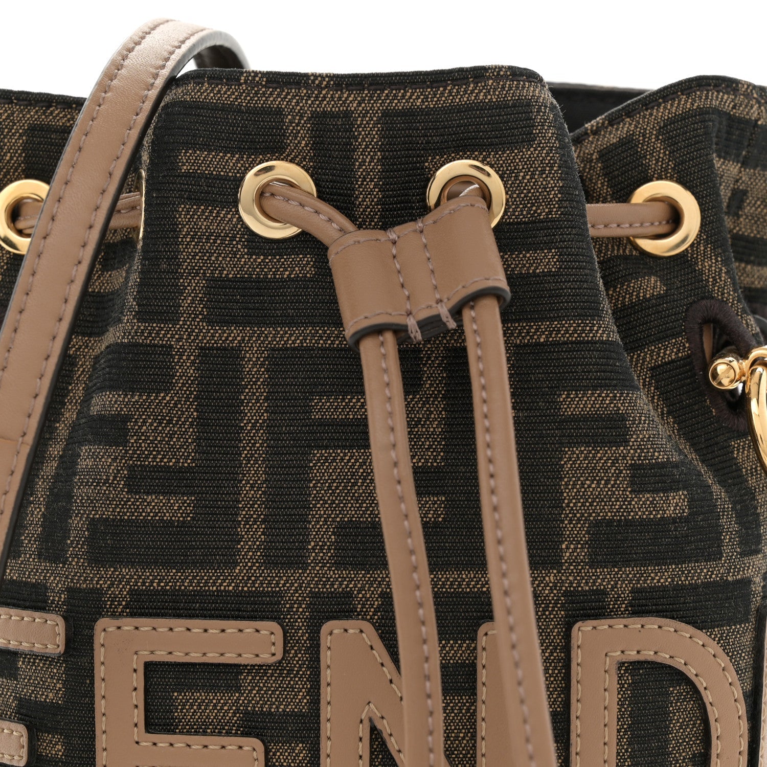 Fendi Fabric Jacquard Vitello Grace Raffia FF 1974 Logo Mini Mon Tresor Bucket Bag Tobacco Moro Sand 8 of 11