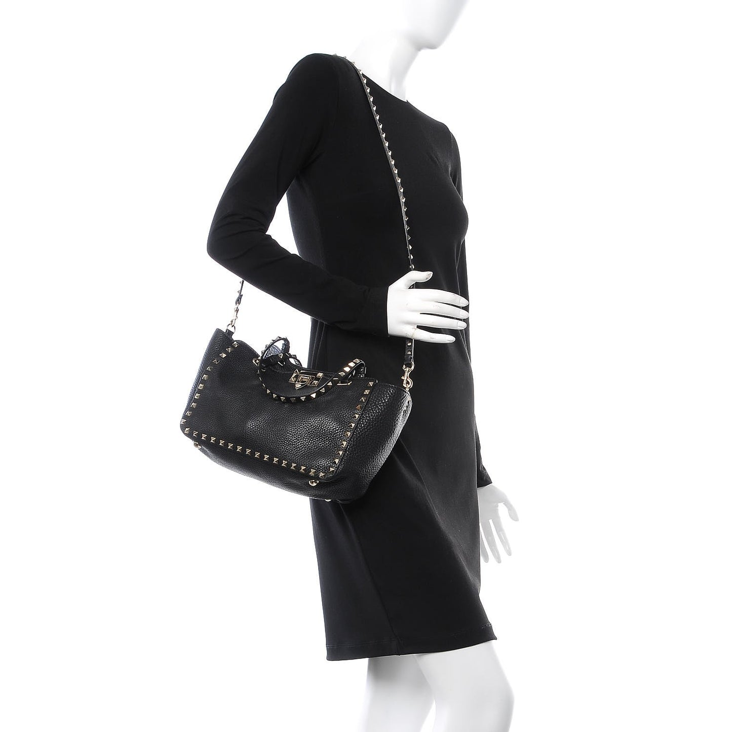 Grained Calfskin Small Rockstud Tote Black