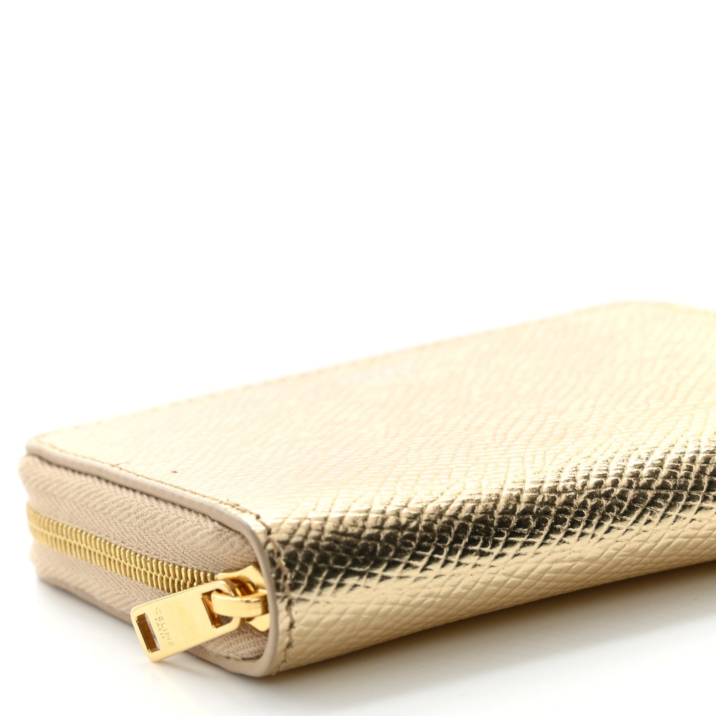 Laminated Grained Calfskin Compact Zipped Wallet Gold
