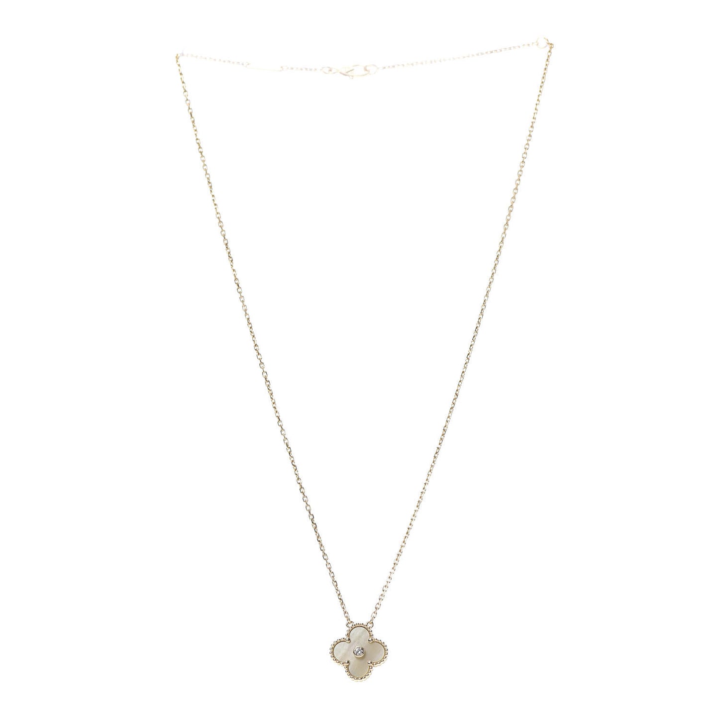 18K Yellow Gold Diamond Yellow Mother of Pearl Vintage Alhambra Pendant Necklace