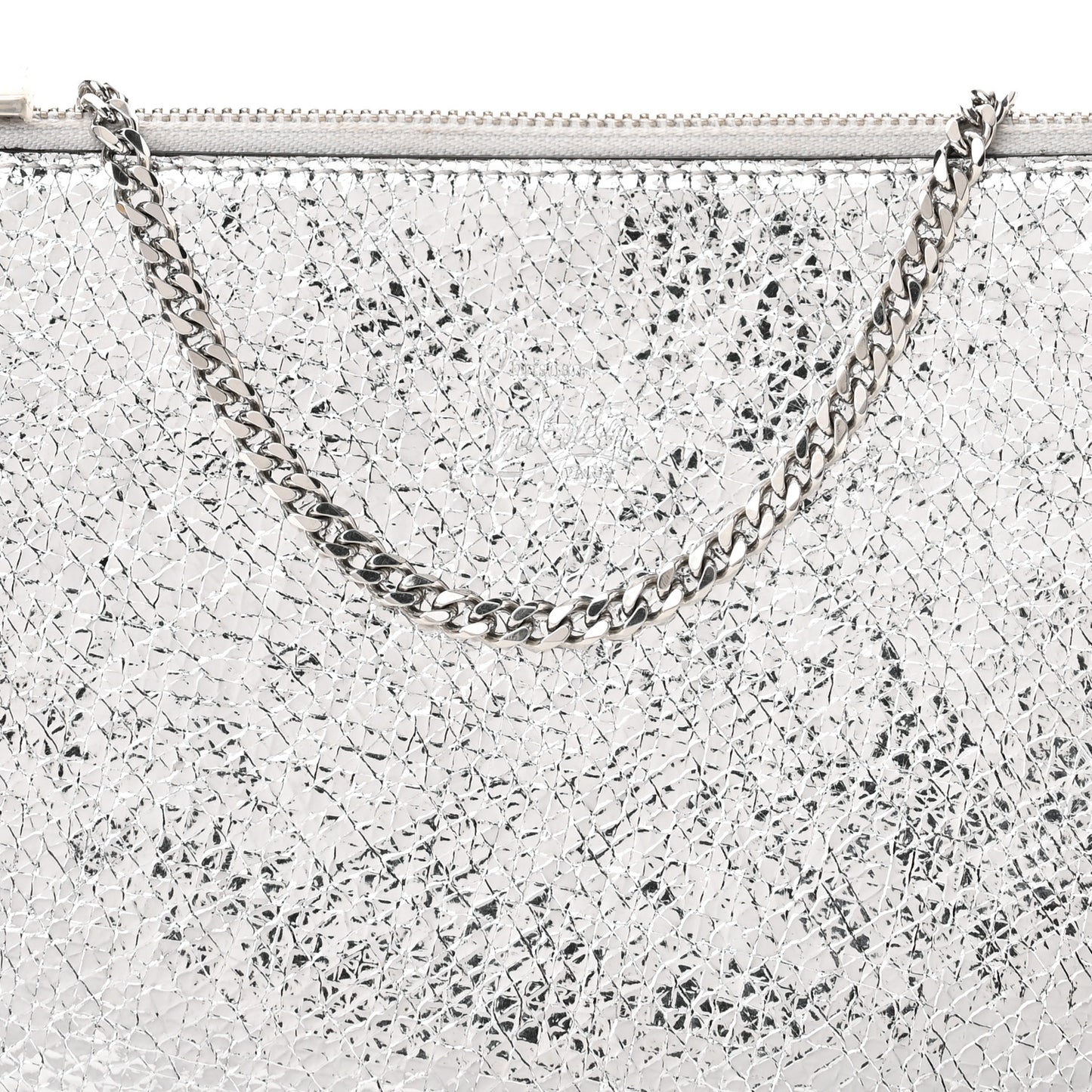 Metallic Textured Calfskin Loubila Chain Clutch Silver