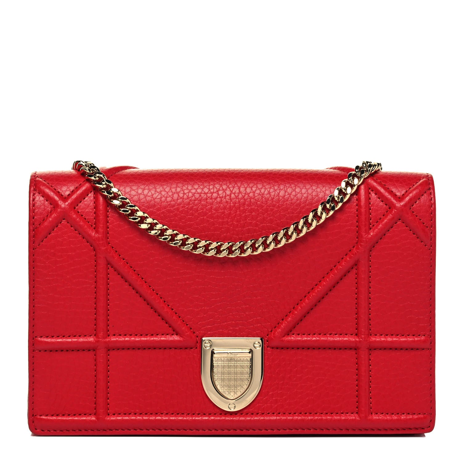 Christian Dior Grained Calfskin Diorama Wallet on Chain Pouch Rouge Vif 1 of 9
