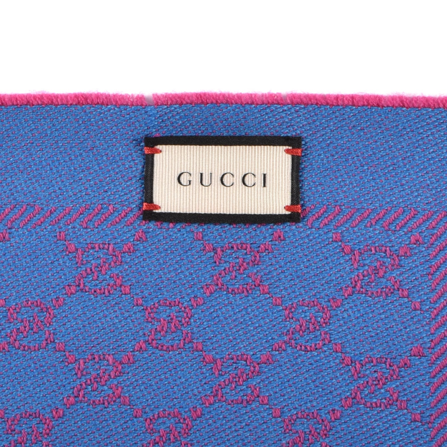 Wool GG Monogram Reversible New Sten Fringe Scarf Fuxia Sky Blue