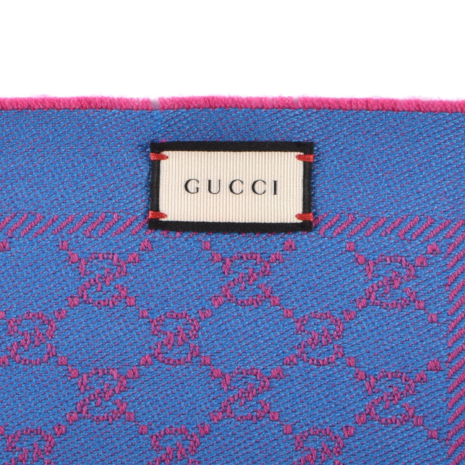 Gucci Wool GG Monogram Reversible New Sten Fringe Scarf Fuxia Sky Blue 3 of 5