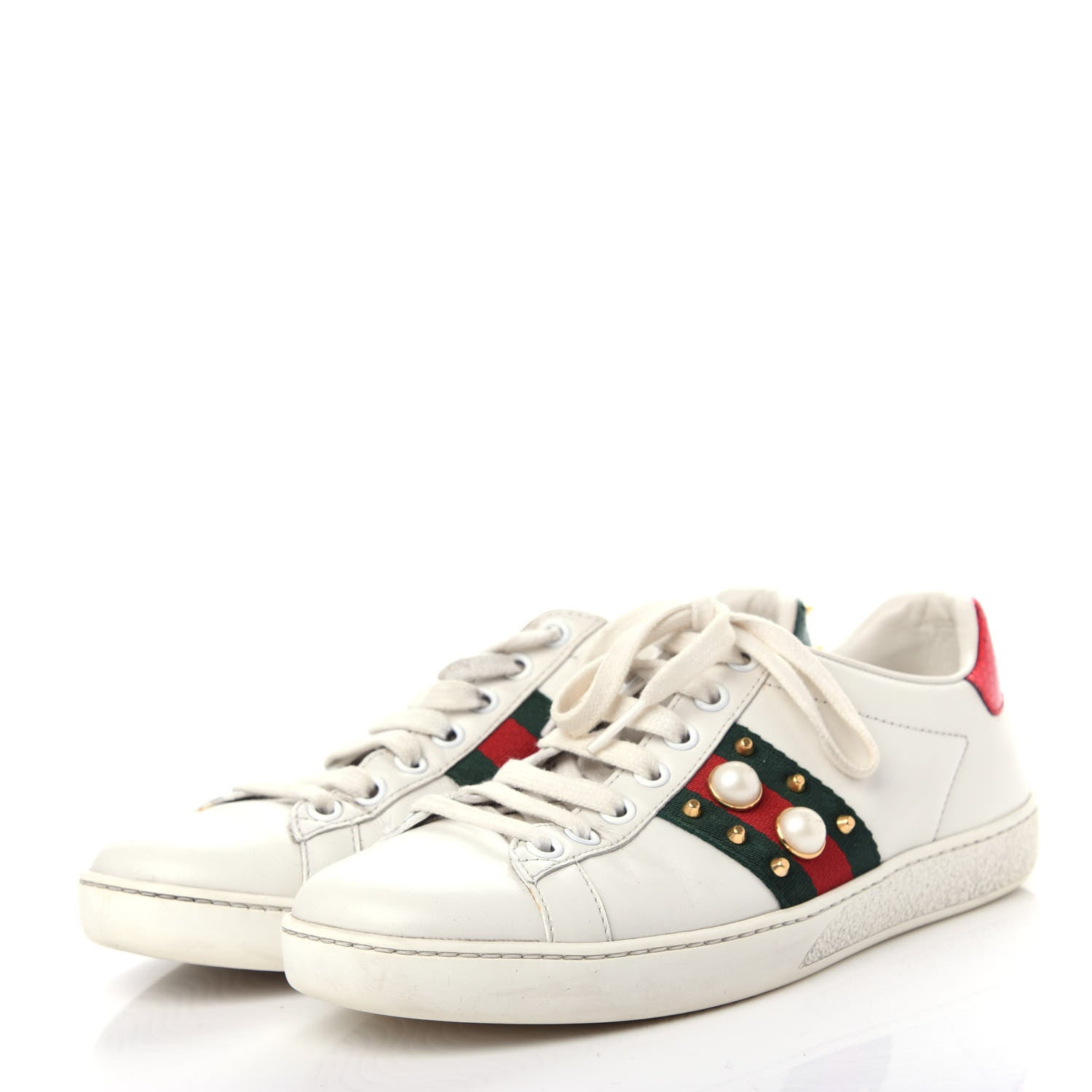 Gucci Calfskin Web Pearl Studded Womens Ace Sneakers 36 White 3 of 10