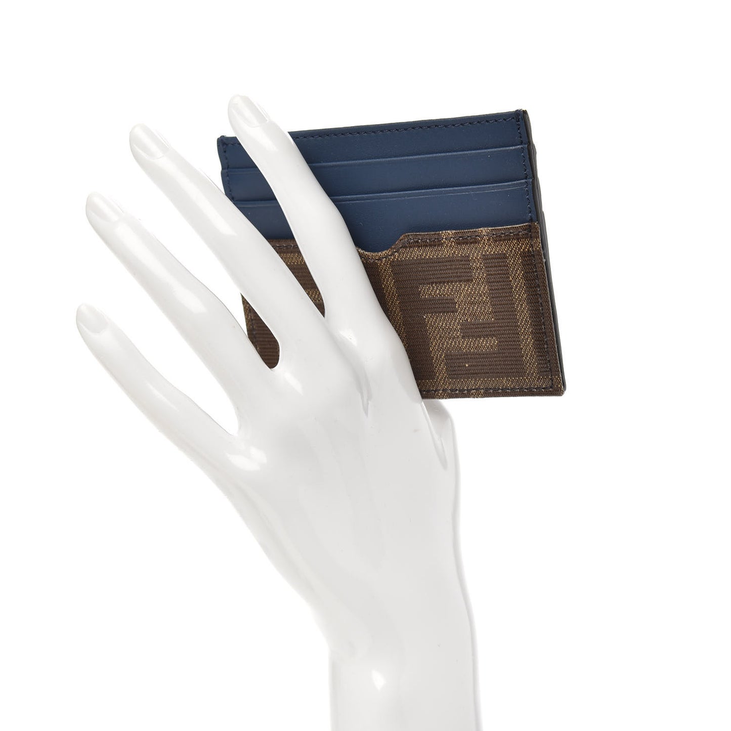 Vitello Century Glazed Fabric FF 1974 Card Holder Blu Scuro Mogano Panna