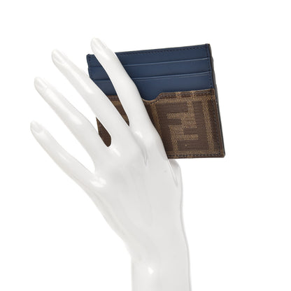 Fendi Vitello Century Glazed Fabric FF 1974 Card Holder Blu Scuro Mogano Panna 2 of 7