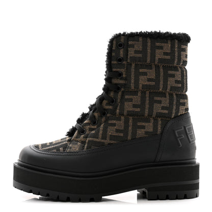 Fendi Vitello Nylon Jacquard Fabric FF Signature Biker Boots 35.5 Black Tobacco 1 of 9