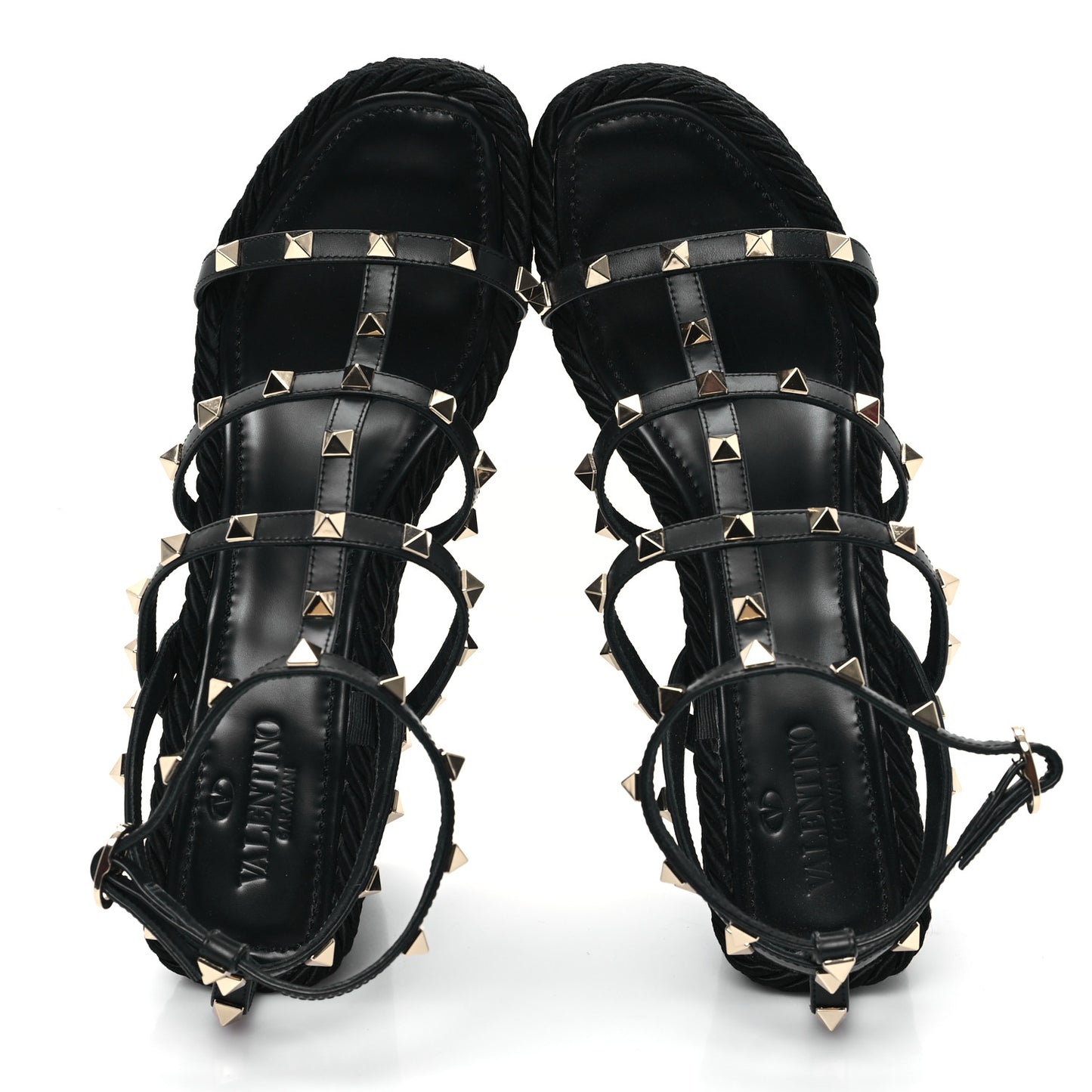 Calfskin Rockstud Ankle Strap Torchon Espadrille Caged 25/95mm Wedge Sandals 40 Black