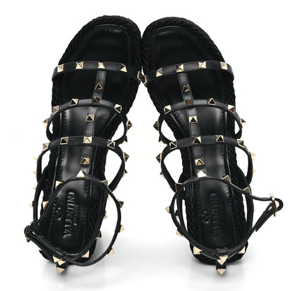 Valentino Garavani Calfskin Rockstud Ankle Strap Torchon Espadrille Caged 25/95mm Wedge Sandals 40 Black 2 of 9