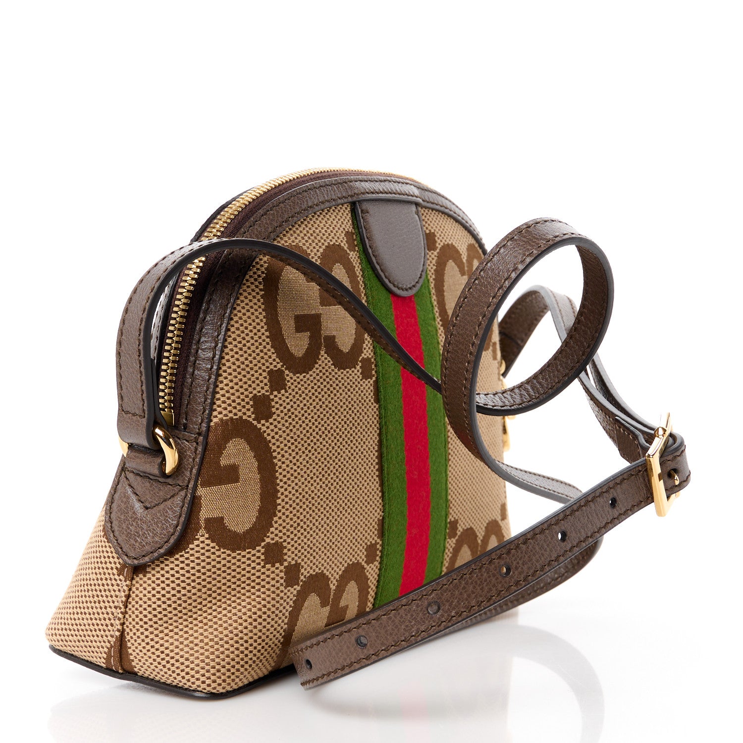 Gucci Monogram Jumbo GG Textured Dollar Calfskin Web Small Ophidia Dome Shoulder Bag Camel Ebony New Acero 3 of 11