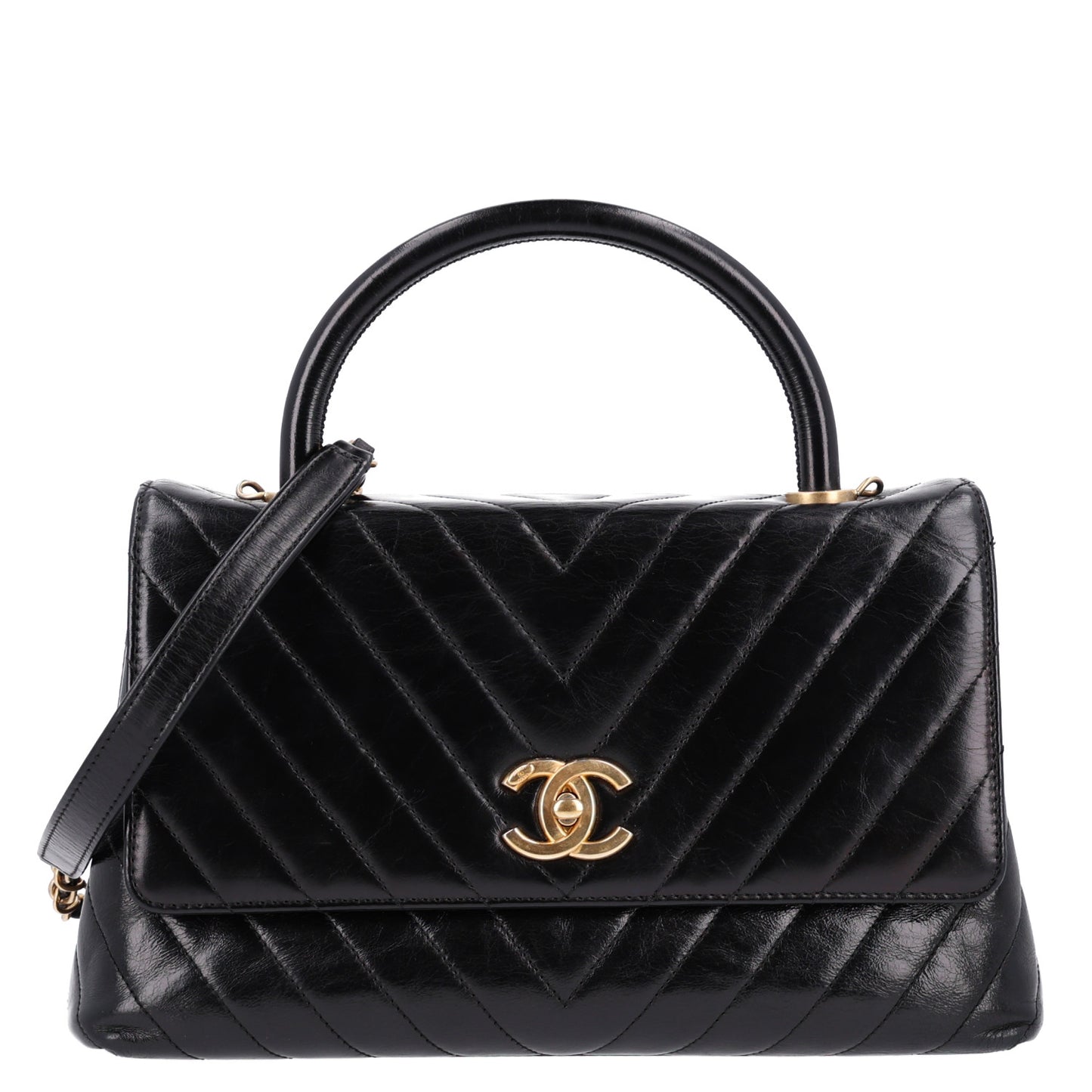Aged Calfskin Chevron Quilted Small Coco Handle Flap Black