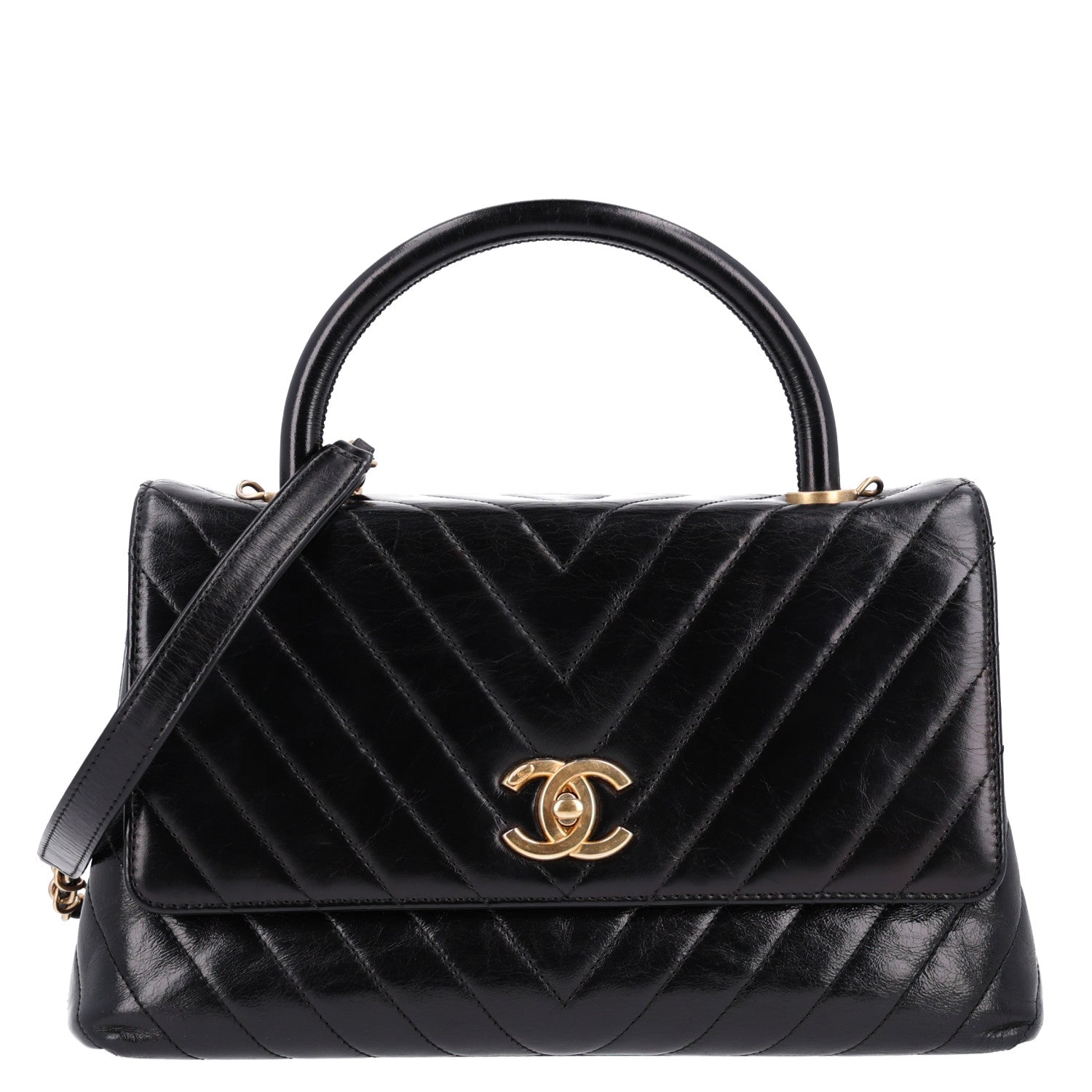 Chanel Aged Calfskin Chevron Quilted Small Coco Handle Flap Black 1 of 11