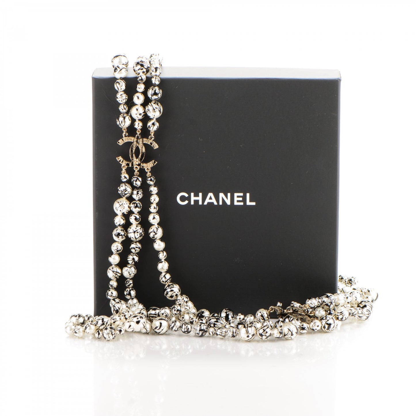 Pearl CC Graffiti 3 Strand Long Necklace Black Gold