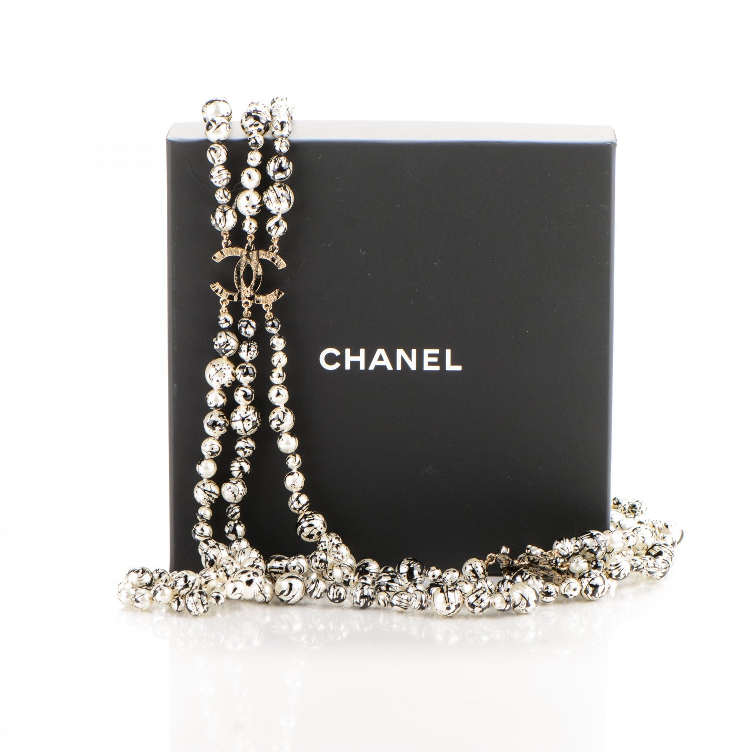 Chanel Pearl CC Graffiti 3 Strand Long Necklace Black Gold 9 of 9