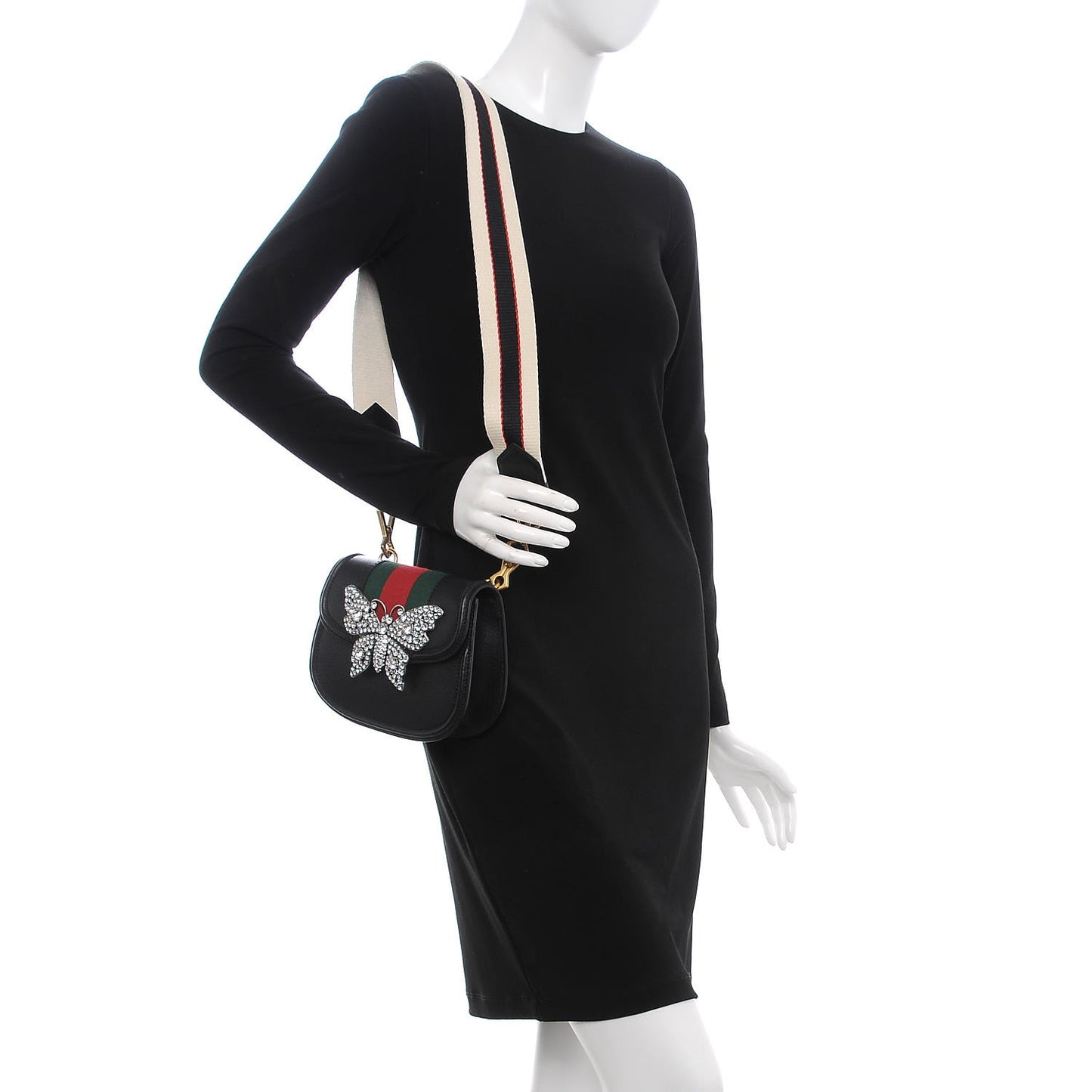Calfskin Web Crystal Butterfly Stripe Small Totem Shoulder Bag Black