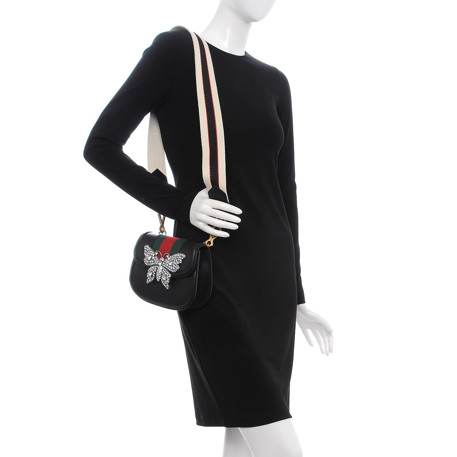 Gucci Calfskin Web Crystal Butterfly Stripe Small Totem Shoulder Bag Black 2 of 7